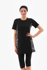 Likralı Yarı Kapalı Tesettür Mayo Siyah Beyaz Desenli