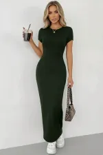 Kısa Kollu Vücuda Oturan Likralı Özel Kumaş Maxi Elbise Haki