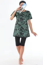 Semi-Closed Lycra Patterned Hijab Swimsuit Green Leaf