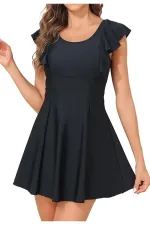 Tek Parça Birleşik Şortlu Volanlı Omuzlu Elbise Mayo