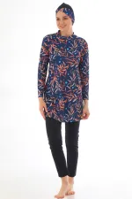 Tam Kapalı Likralı Tesettür Mayo Lacivert Desen