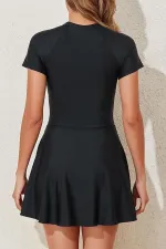 Fermuarlı Yarım Kol Etekli Elbise Tulum Mayo Slipli Tek Parça