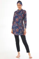 Tam Kapalı Likralı Tesettür Mayo Lacivert Desen