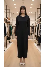 Likralı Uzun Kollu Bisiklet Yaka Viskon Elbise