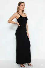 Ayarlanabilir Askılı Vücuda Oturan Maxi Elbise Siyah