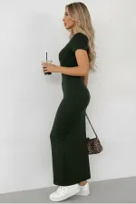 Kısa Kollu Vücuda Oturan Likralı Özel Kumaş Maxi Elbise Haki