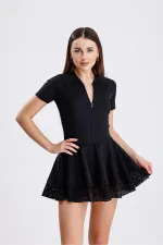 Eteği Dantelli Fermuarlı Tulum Mayo