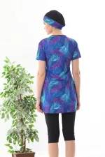 Likralı Yarı Kapalı Desenli Tesettür Mayo Mavi