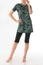 Semi-Closed Lycra Patterned Hijab Swimsuit Green Leaf