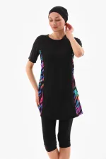 Likralı Yarı Kapalı Tesettür Mayo Siyah Renk desenli