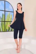 Askılı Taytlı Yarı Kapalı Elbise Parçalı Mayo Lacivert