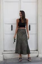 Yüksek Bel Leopar Desen Likralı Saten Etek Midi Boy Etek Beli Lastikli Ve Fermuarlı 85 Cm