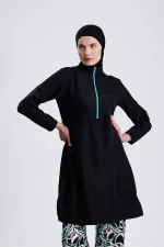 Paraşüt Kumaş Fermuarlı Tesettür Mayo Desenli Likralı Pantolonlu Su İticili