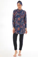 Tam Kapalı Likralı Tesettür Mayo Lacivert Desen