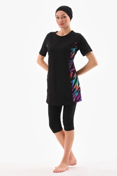 Likralı Yarı Kapalı Tesettür Mayo Siyah Renk desenli