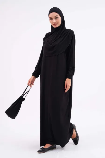 Pamuklu Çantalı Namaz Elbisesi Bilekleri Lastikli Tesettür Elbise