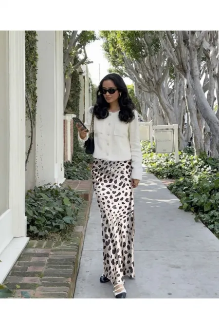 Leopar Desen Likralı Saten Etek Uzun Boy Etek Beli Lastikli Ve Fermuarlı Tesettüre Uygun 100 Cm