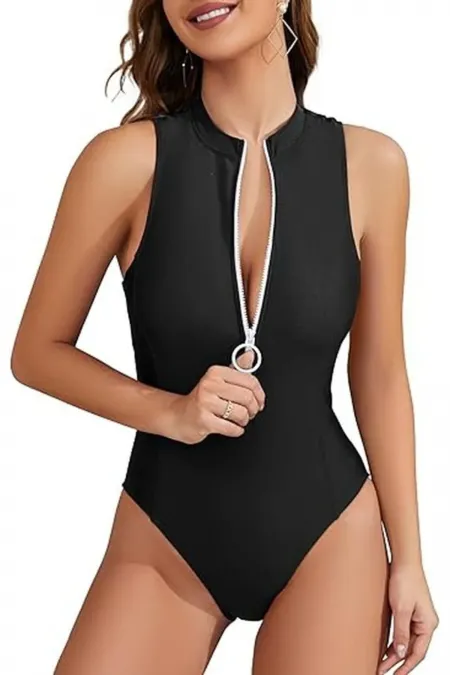 Siyah Halter Yaka Fermuarlı Tulum Mayo Havuz / Deniz