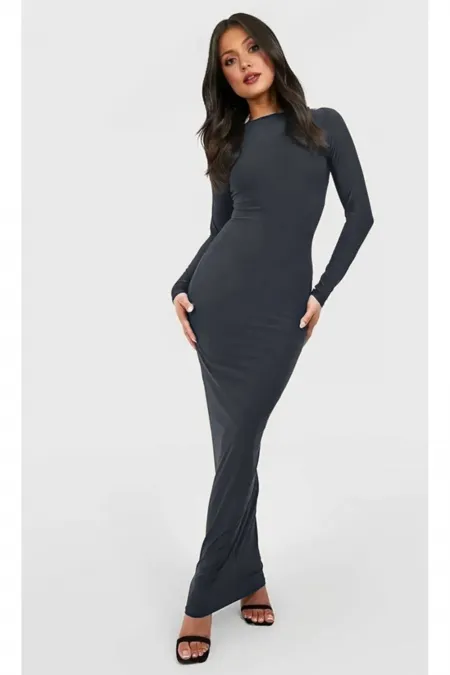 Anthracite Long-Sleeved, Body-Fitting, Lycra-Fabric Maxi Dress, True to Size.