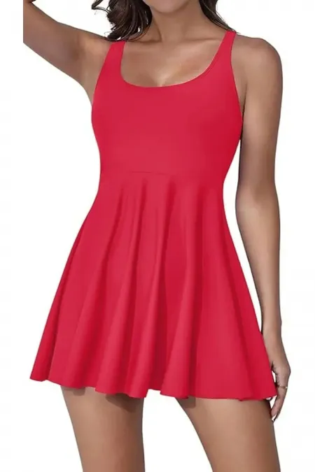 Likralı Birleşik Şortlu Elbise Mayo Fuşya