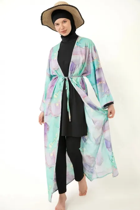 Pareolu Tam Kapalı Tesettür Mayo Likralı Kumaş