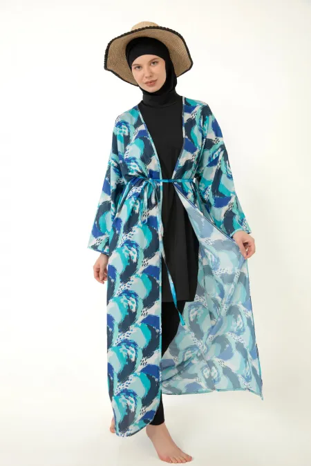 Tesettür Mayo üzerine Desenli Pareo Kimono Kaftan