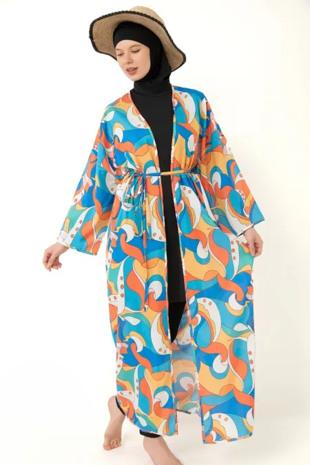 Tesettür Mayo üzerine Desenli Pareo Kimono Kaftan