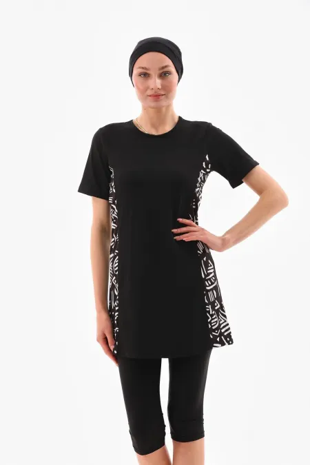 Likralı Yarı Kapalı Tesettür Mayo Siyah Beyaz Desenli