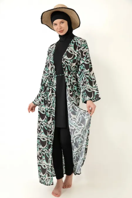 Tesettür Mayo üzerine Desenli Pareo Kimono Kaftan