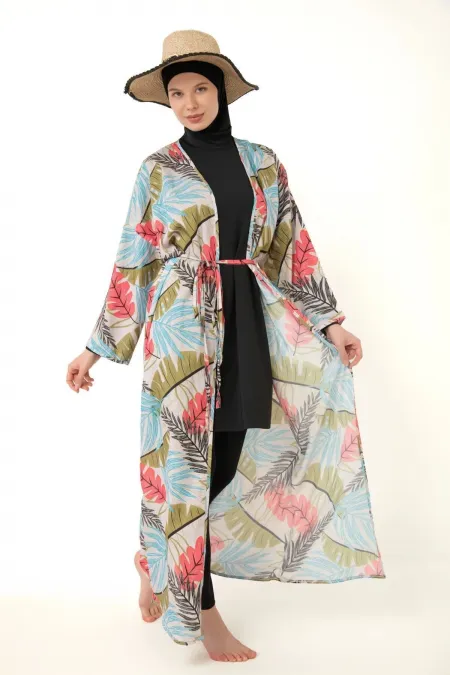 Tesettür Mayo üzerine Desenli Pareo Kimono Kaftan