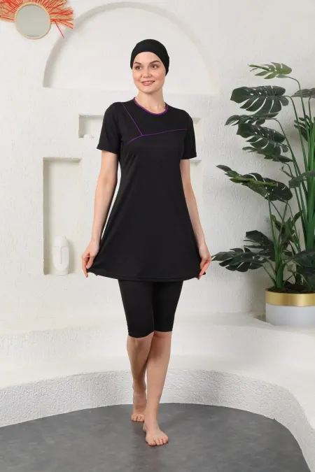 Mor Biyeli Likralı Yarı Kapalı Tesettür Mayo Siyah