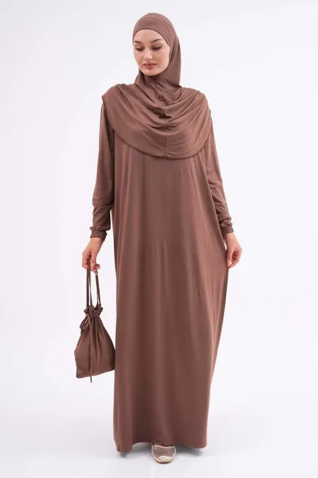 Pamuklu Çantalı Namaz Elbisesi Bilekleri Lastikli Tesettür Elbise