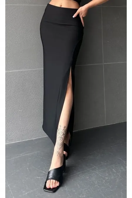 Siyah Yırtmaçlı Uzun Etek Siyah Soft Touch Likralı Siyah Etek Kuğu