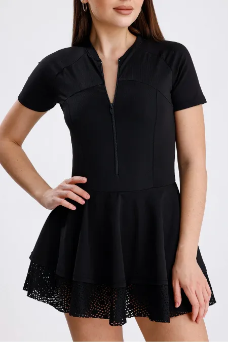 Eteği Dantelli Fermuarlı Tulum Mayo