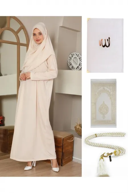 Namaz Seti Namaz Elbisesi Seccade Inci Tesbih Yasin Krem