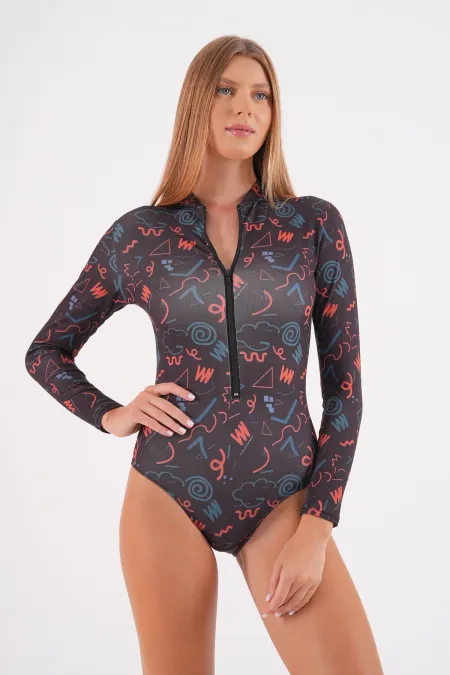 Fermuarlı Uzun kollu Yüzücü Mayosu Tulum mayo