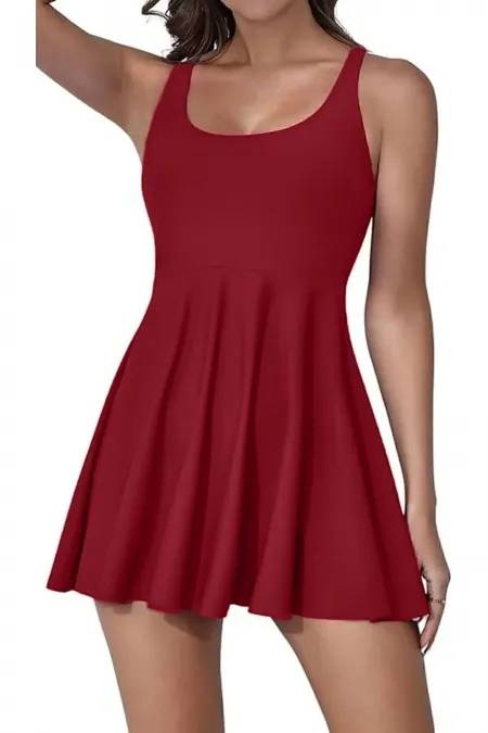 Likralı Birleşik Şortlu Elbise Mayo Mürdüm