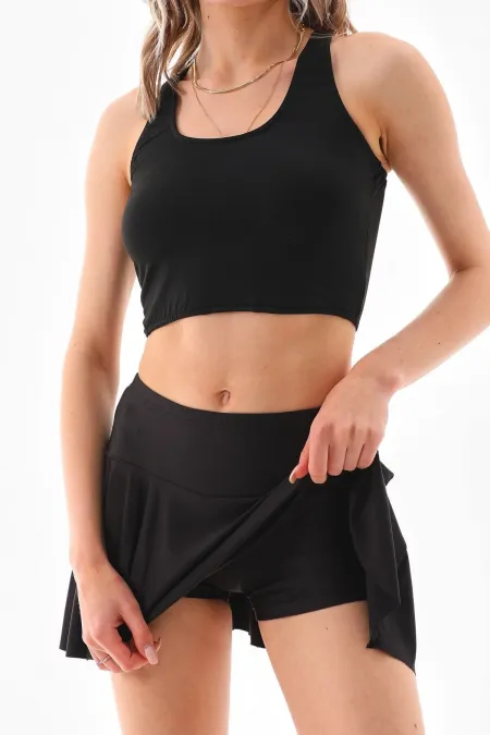 Siyah Volanlı Şortlu Etek Spor Etek Deniz Şortu