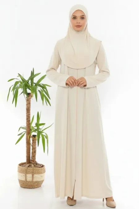 Fermuarlı Kayma Yapmaz Tek Parça Namaz Elbisesi Krem