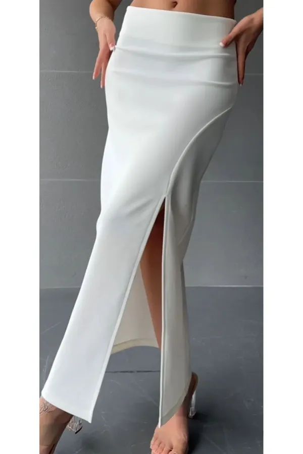 Jupe longue blanche fendue, jupe en lycra blanc doux au toucher, cygne