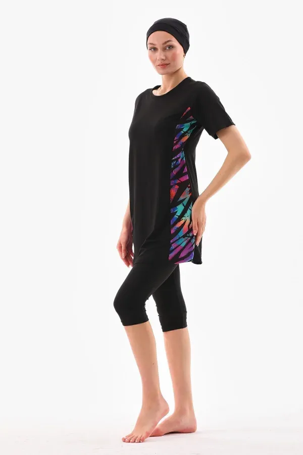 Likralı Yarı Kapalı Tesettür Mayo Siyah Renk desenli