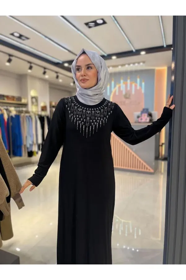 Kadın Sandy Taş Detaylı Siyah Tesettür Elbise