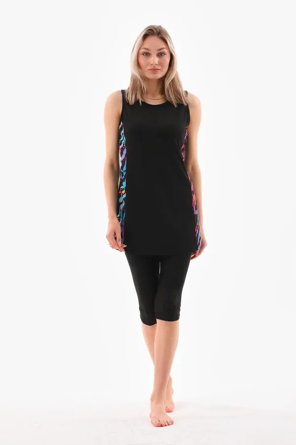 Likralı Sıfır Kol Parçalı Desenli Mayo