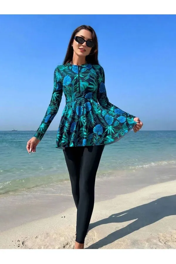 Yarı Kapalı Taytlı Fermuarlı Tesettür Mayo Yeşil