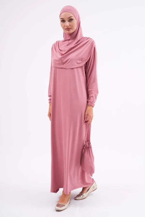 Pamuklu Çantalı Namaz Elbisesi Bilekleri Lastikli Tesettür Elbise