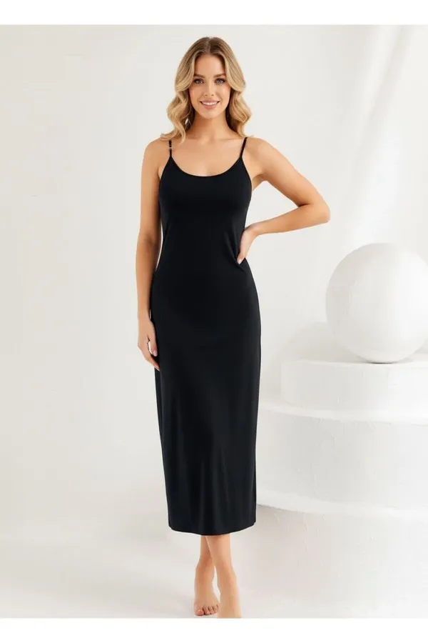 Adjustable Strappy Long Dress with Petticoat, Black