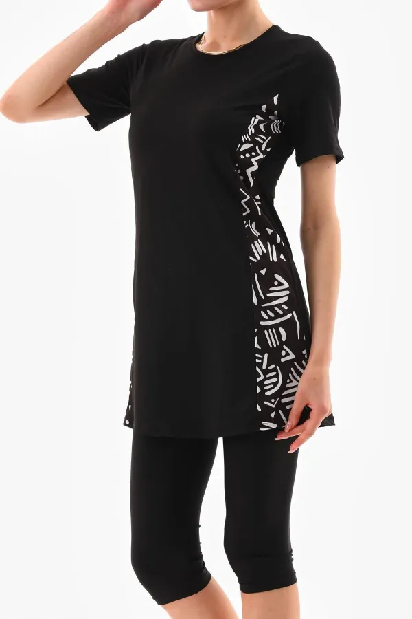 Likralı Yarı Kapalı Tesettür Mayo Siyah Beyaz Desenli