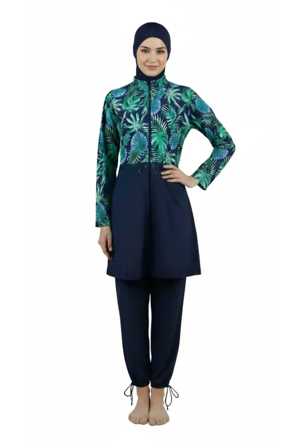 Water-repellent parachute modest swimsuit, green.