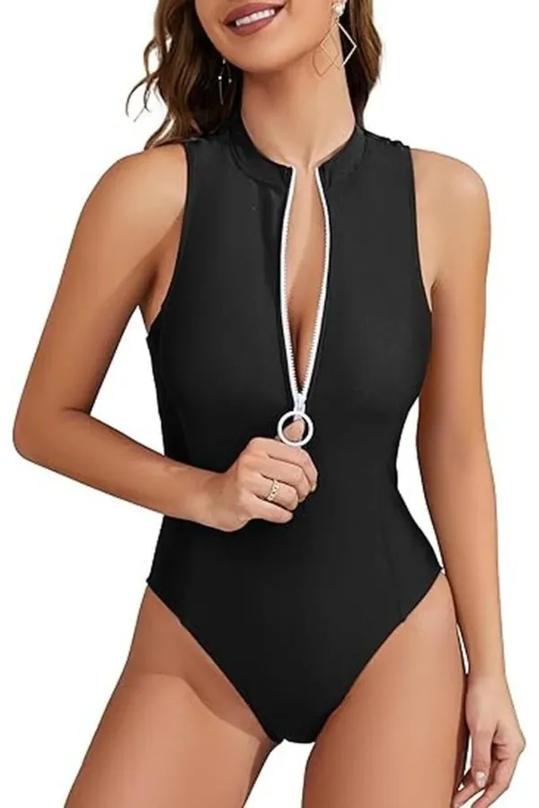 Siyah Halter Yaka Fermuarlı Tulum Mayo Havuz / Deniz