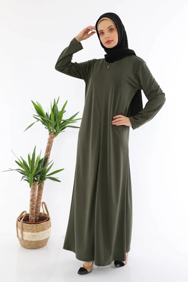 Fermuralı Namaz Elbisesi Ferace Haki